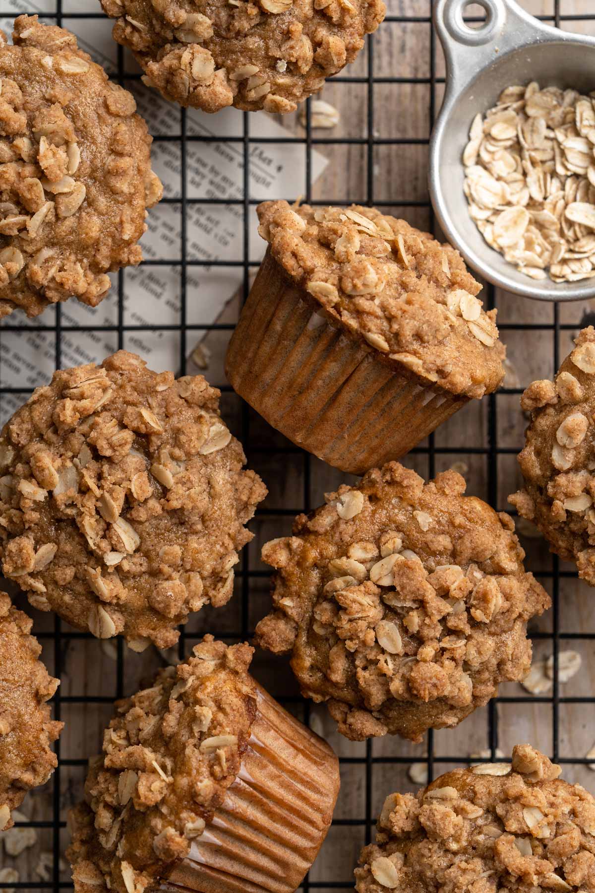 Banana Oatmeal Muffins on a wire rack.