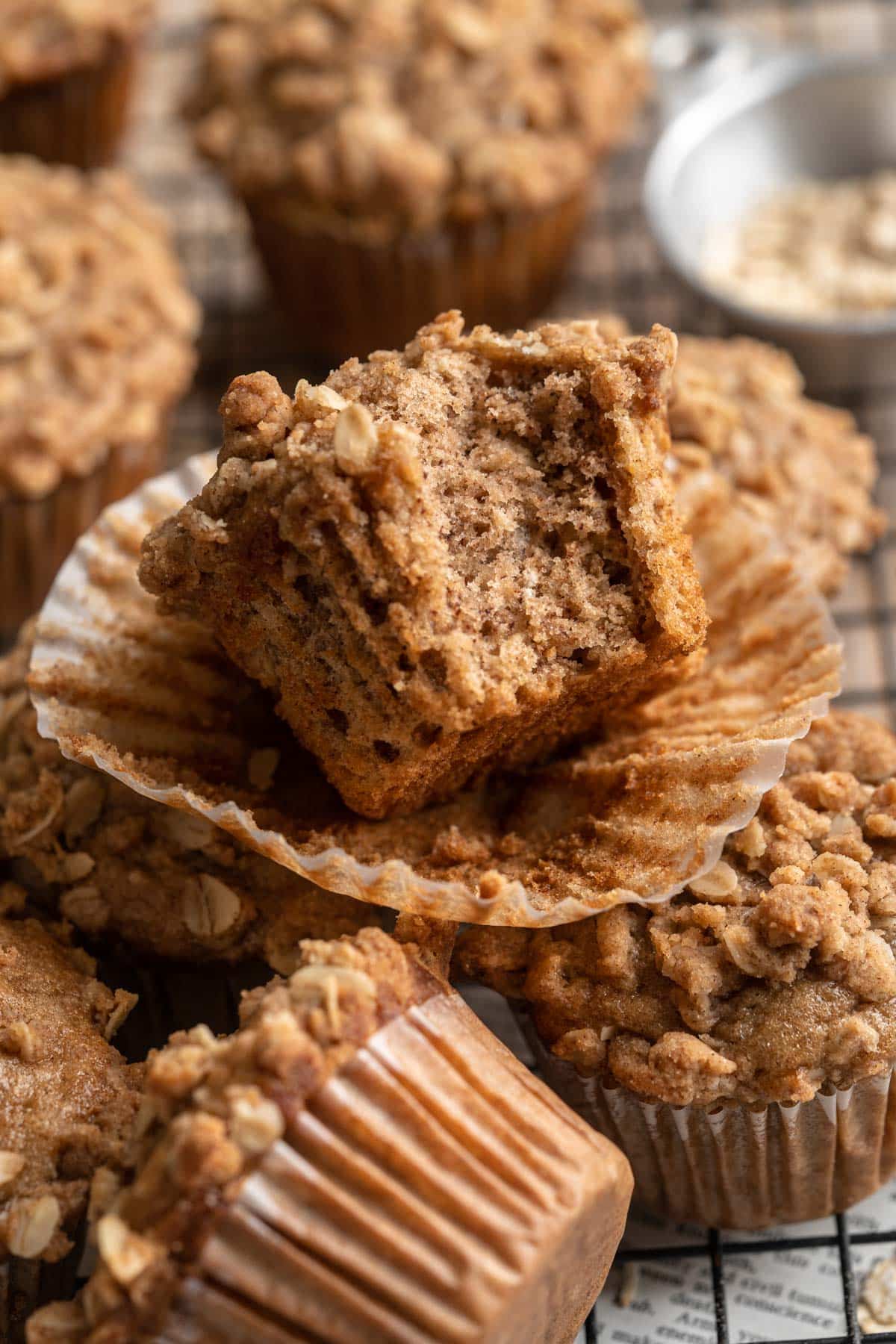 Banana oatmeal muffin with a bite taken out.