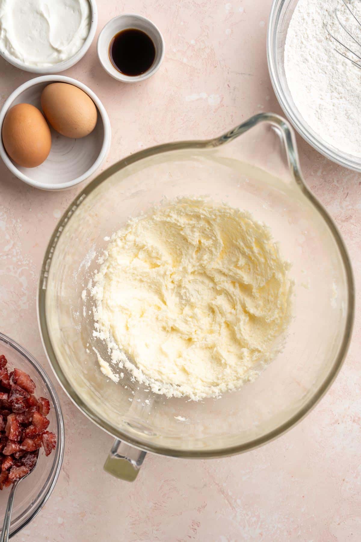 Butter and sugar mixed in a bowl.