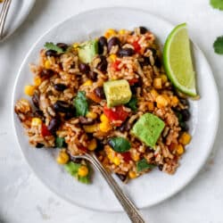 Mexican brown rice on a white plate served with a lime wedge