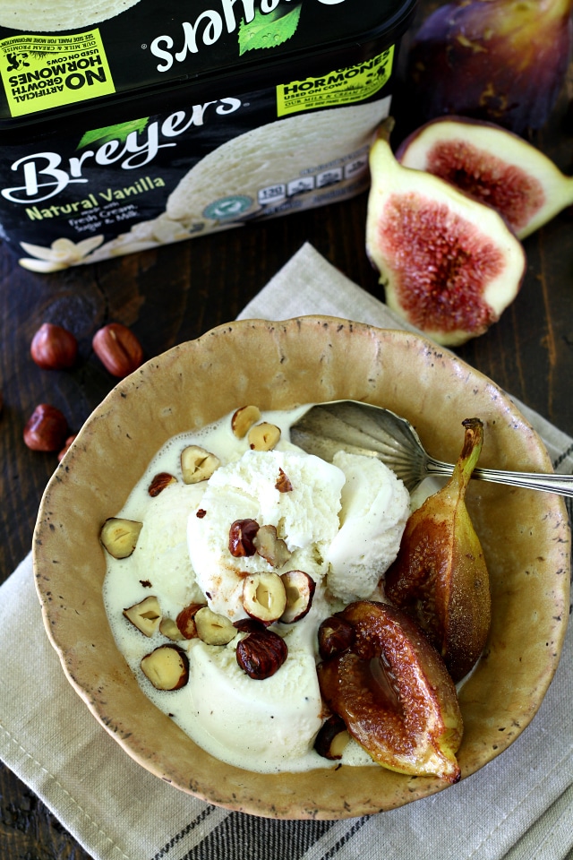 Spiced Roasted Figs Over Vanilla Ice Cream- luscious, creamy vanilla ice cream joined with caramelized, spiced figs and toasted hazelnuts will have your tastebuds dancing in delight!