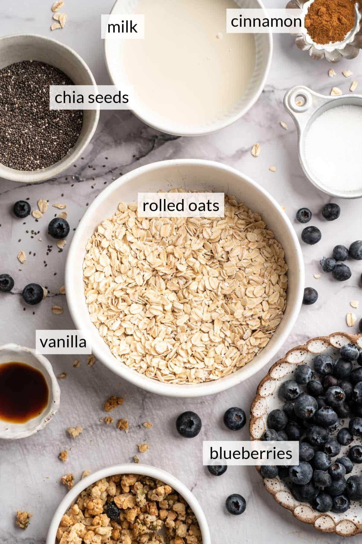 Bowls with rolled oats, chia seeds, milk and blueberries.