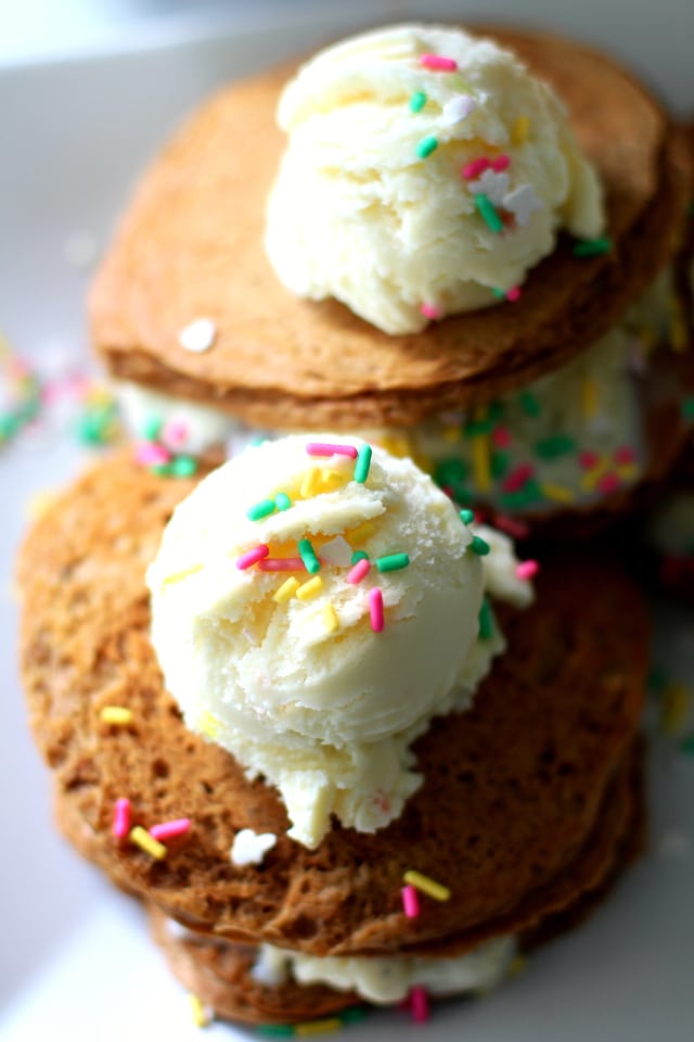 It's the ultimate in brunch foods - Pancake Ice Cream Sandwiches! And, guess what? This seemingly indulgent breakfast meal is actually healthy!! (gluten-free)