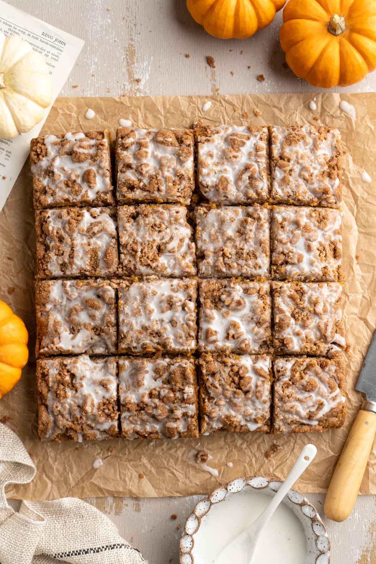 Pumpkin Coffee cake cut into 16 equal servings.