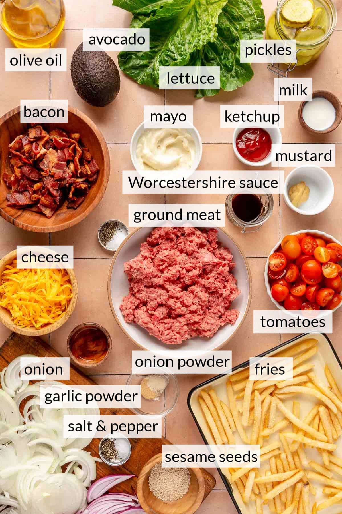 Bowl filled with ground meat near bowls of tomatoes, sauces, pan of fries, sliced onions and crumbled bacon.