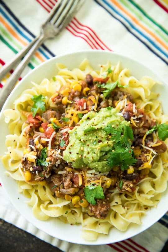 Bison Taco Chili Over Noodles - Kim's Cravings