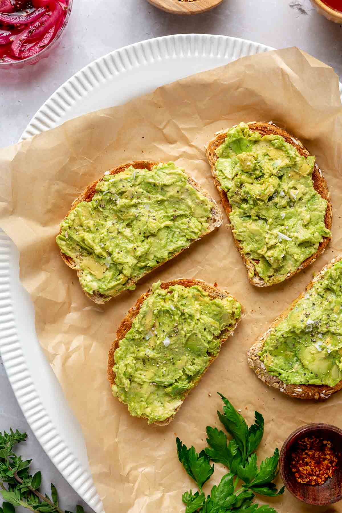 Mashed avocado on toasted bread.