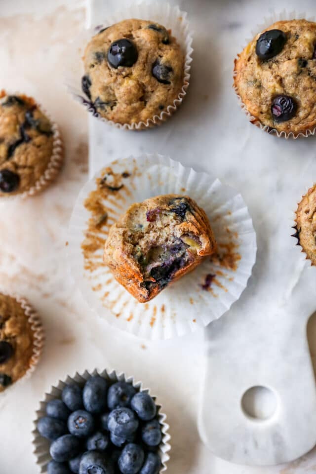 blueberry banana muffin with a bite taken out