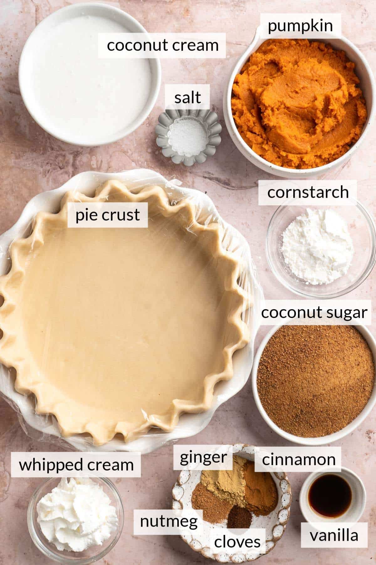 Unbaked pie crust near small bowls of pumpkin puree, milk, coconut sugar and cornstarch.