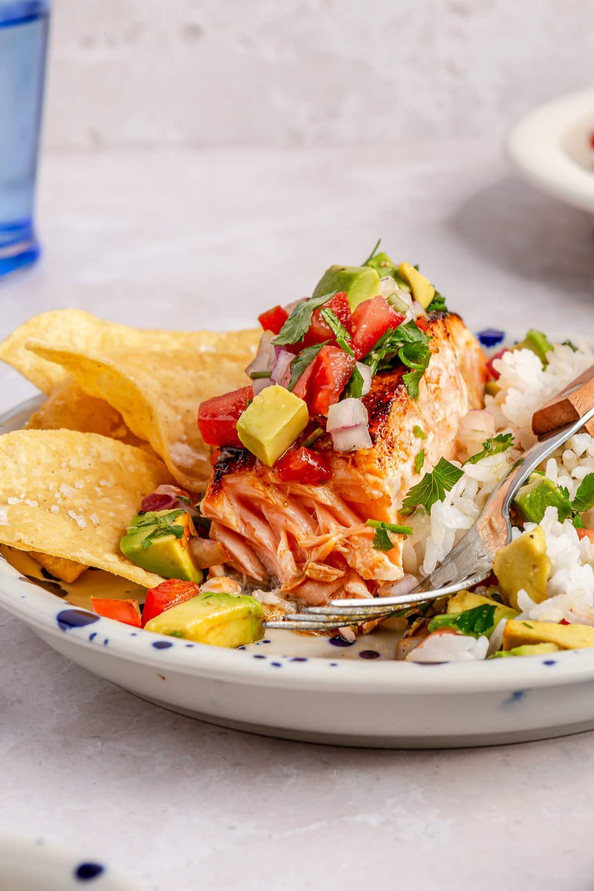 Flaky salmon served with rice, avocado salsa and tortilla chips.