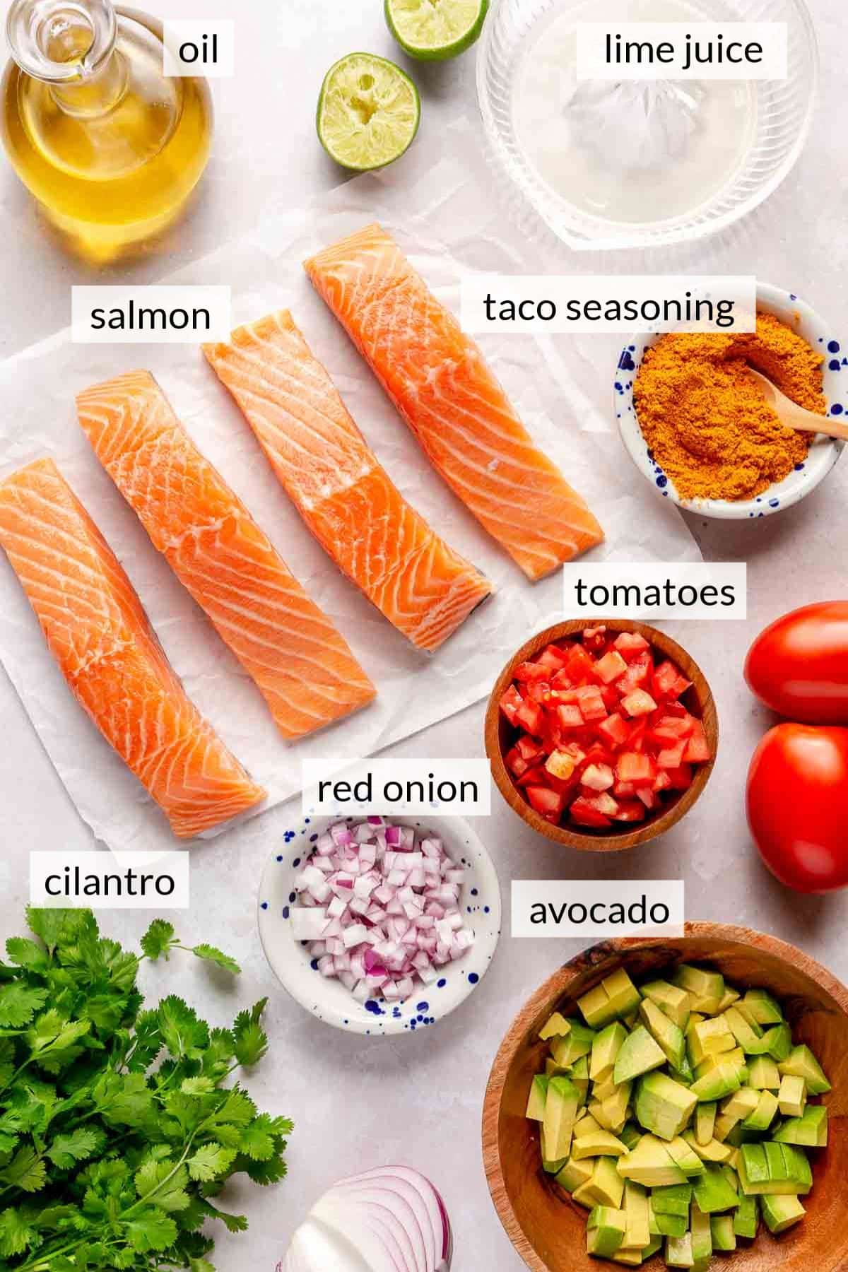 Salmon fillets near bowls of red onion, tomatoes, avocado and taco seasoning.