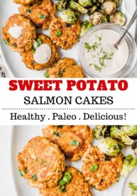 Sweet Potato Salmon Cakes with Creamy Dill Sriracha Sauce - Kim's Cravings