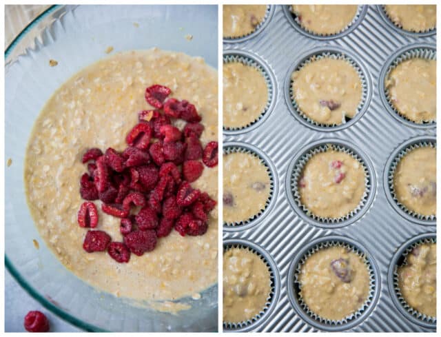 raspberry muffin ingredients in a large glass mixing bowl and muffin batter in a muffin pan