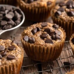 Banana zucchini muffins topped with chocolate chips.