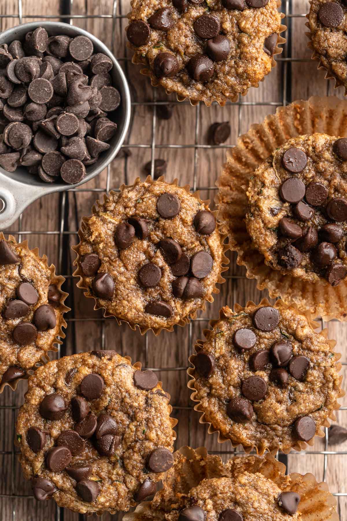 Chocolate chip banana zucchini muffins in muffin liners.