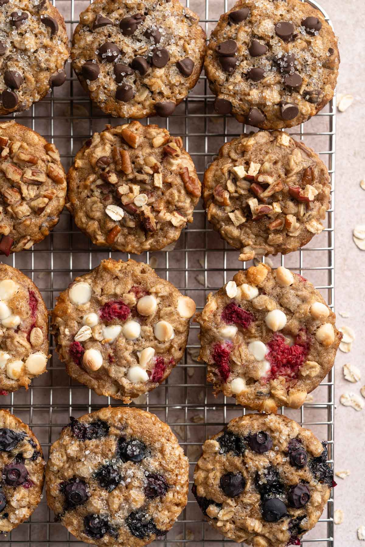 Oatmeal muffins cooling on a wire rack.