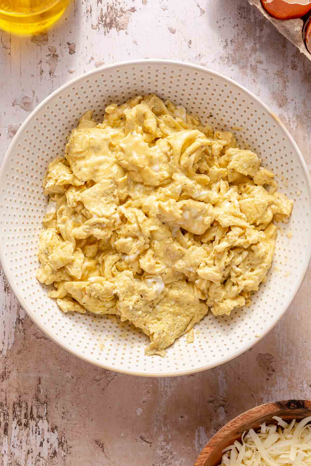 Scrambled eggs in a bowl.