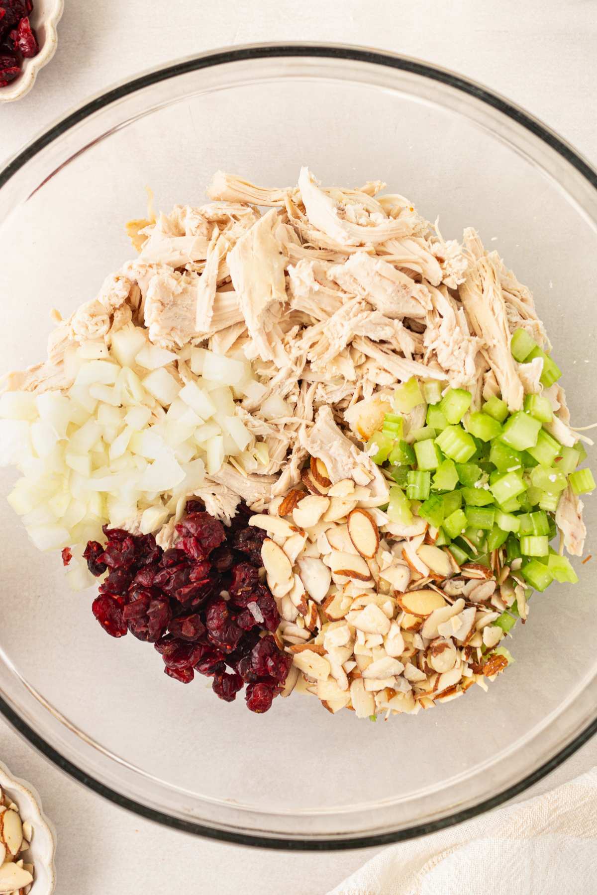 Shredded chicken, dried cranberries, diced onion and diced celery in a bowl.