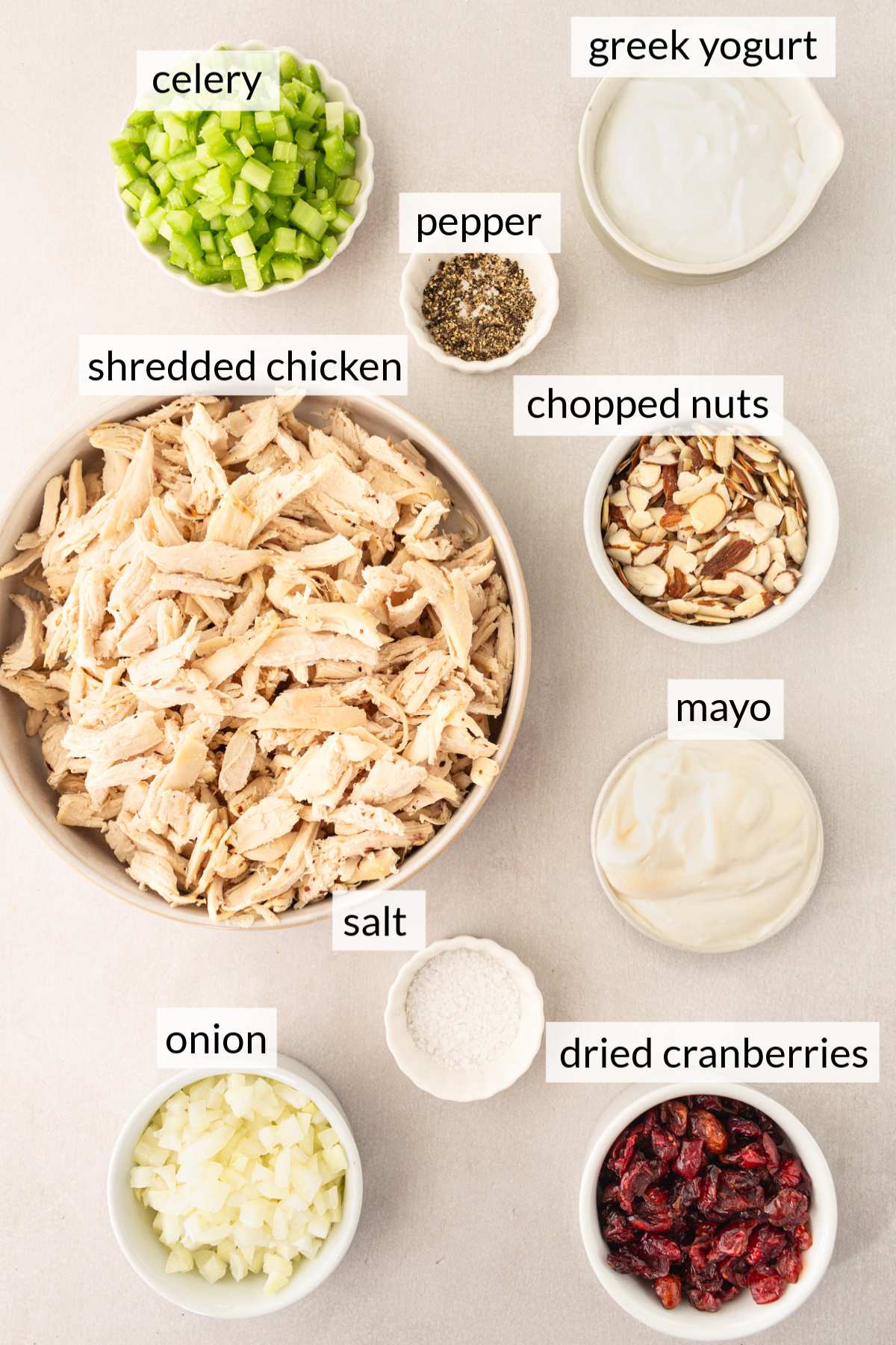 Bowls with shredded chicken, dried cranberries, diced onion, celery, Greek yogurt and mayo.