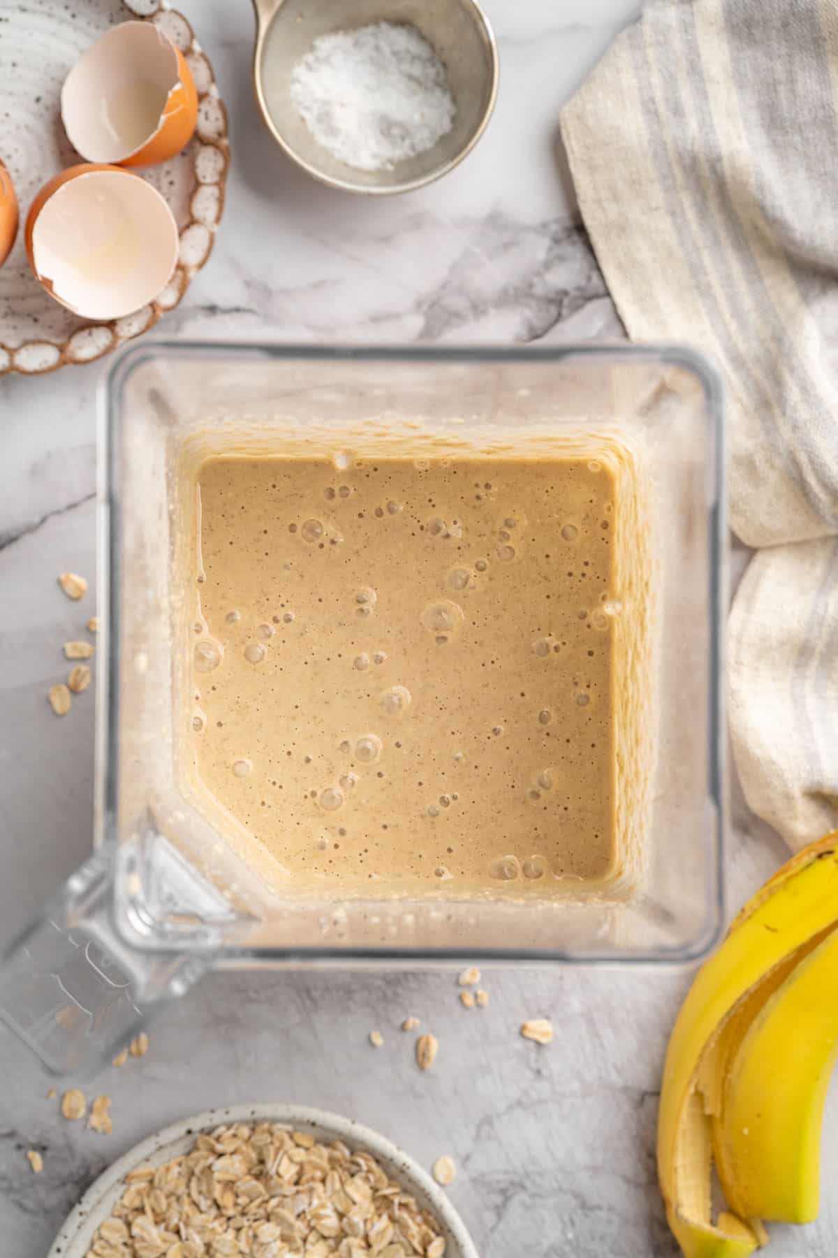 Blended pancake batter in a blender.