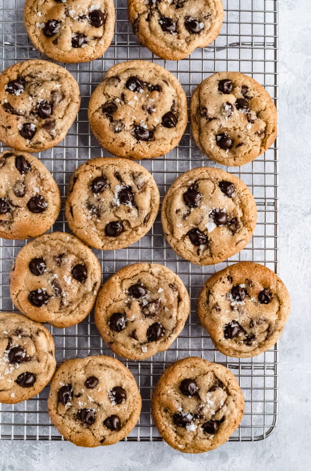 chewy chocolate chip cookies topped with course salt on a wire cooling rack