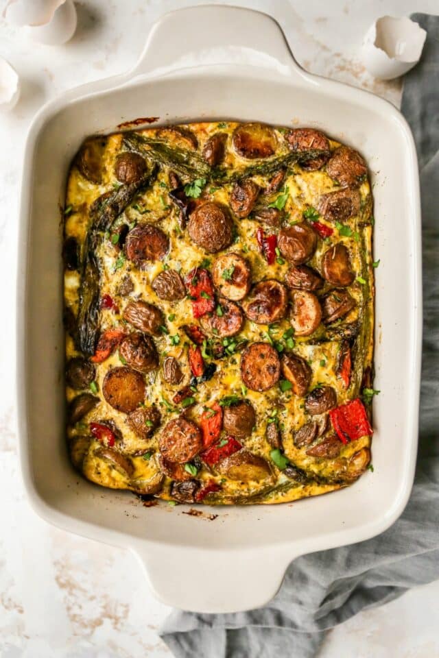 Breakfast bake in a white baking dish.