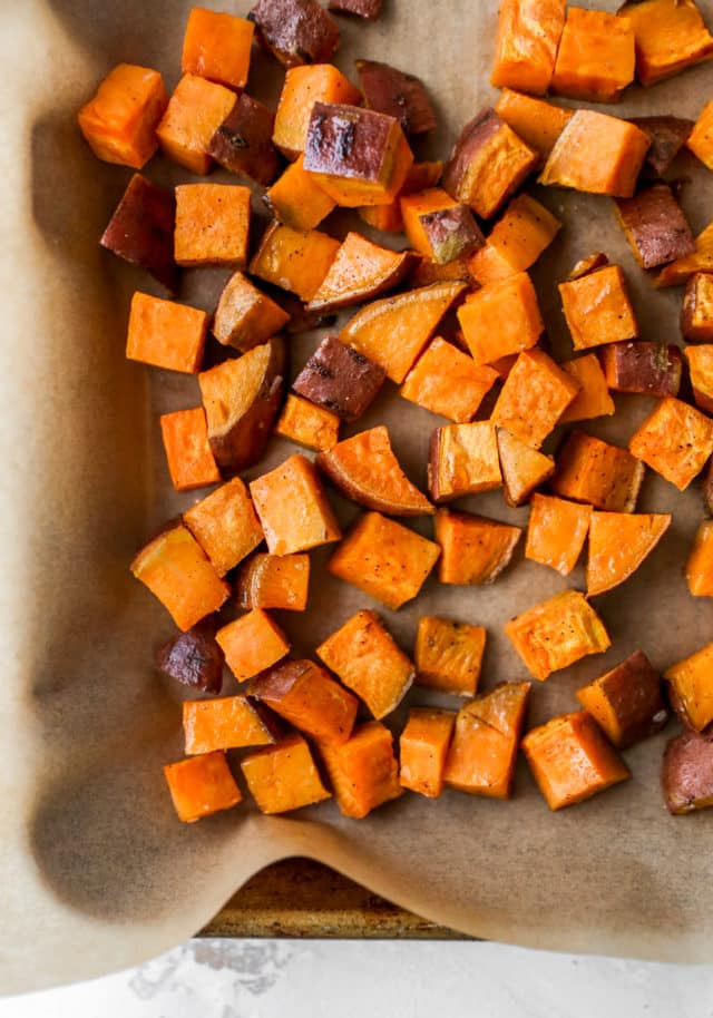 roasting sweet potato on a baking sheet