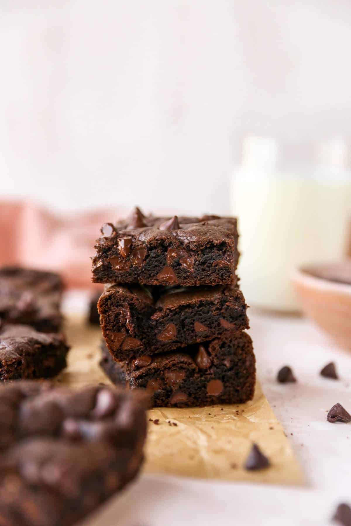 Cake mix brownies staked on top of each other.