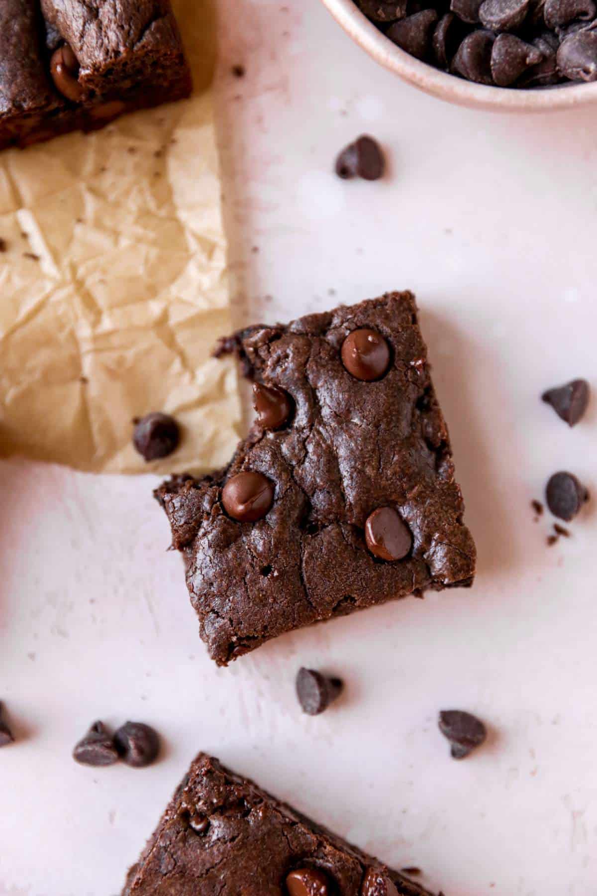 Cake mix brownie with bite taken out of the corner.