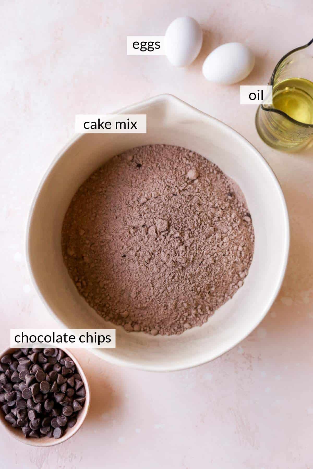 Bowl of chocolate cake mix near eggs, oil and chocolate chips.