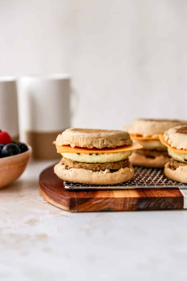 English muffin breakfast sandwiches with egg whites and sausage