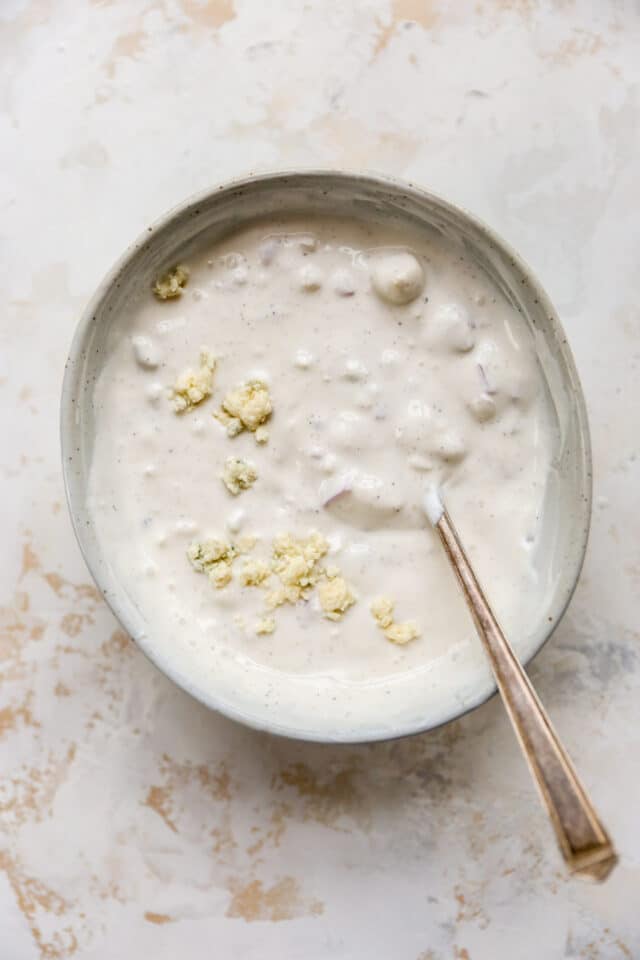 homemade blue cheese dressing in a bowl