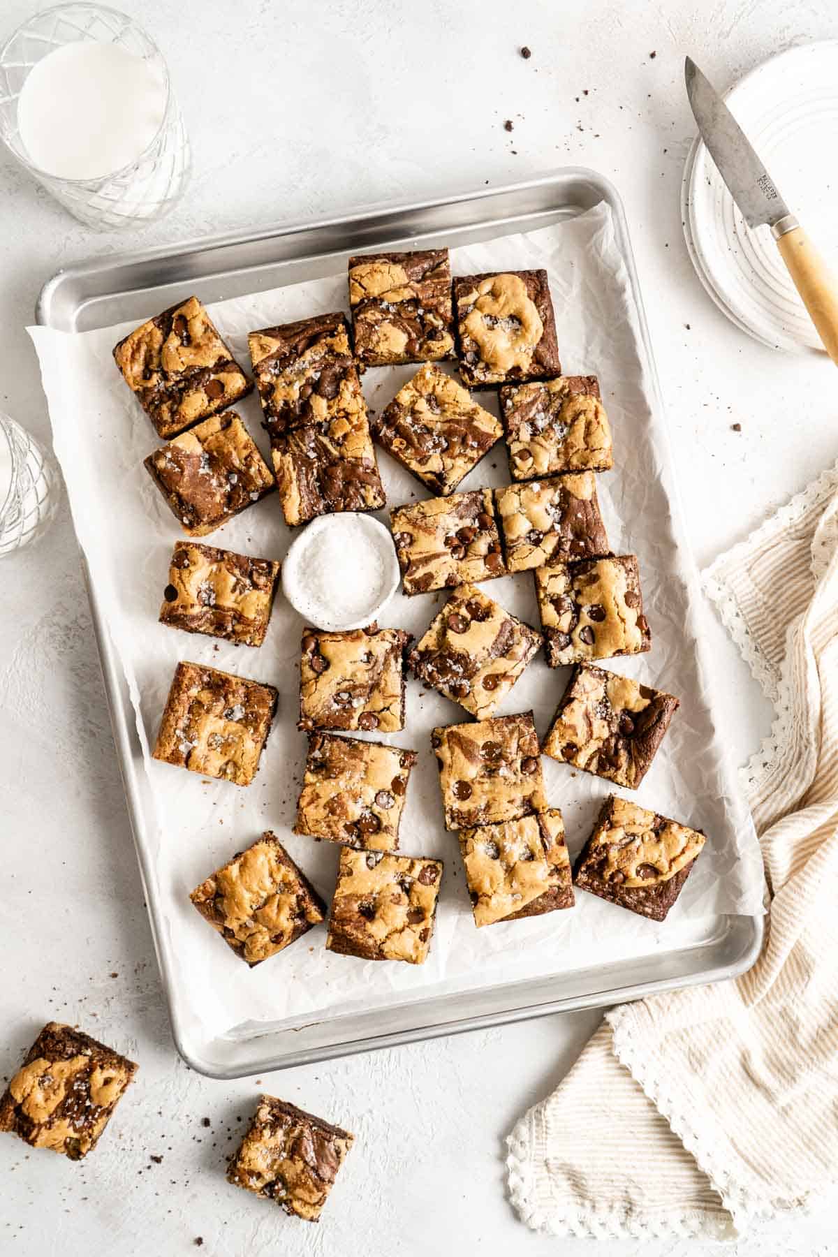 chocolate chip brownie bars on a cookie sheet pan