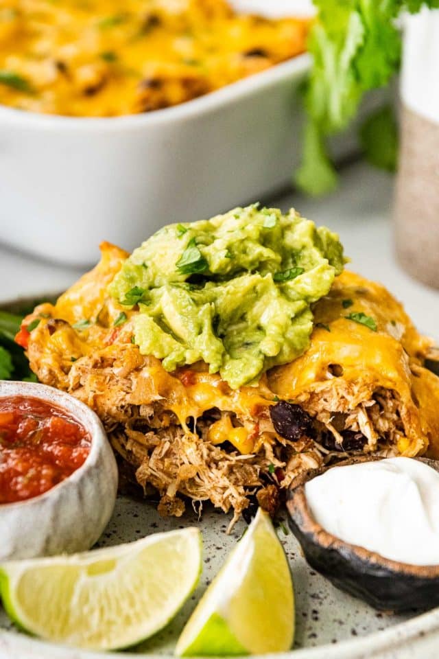 shredded chicken topped with cheese and guacamole served with salsa