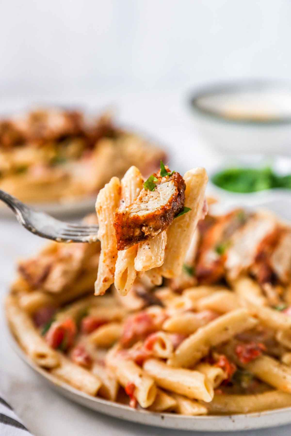 Bite of chicken and pasta on a fork.