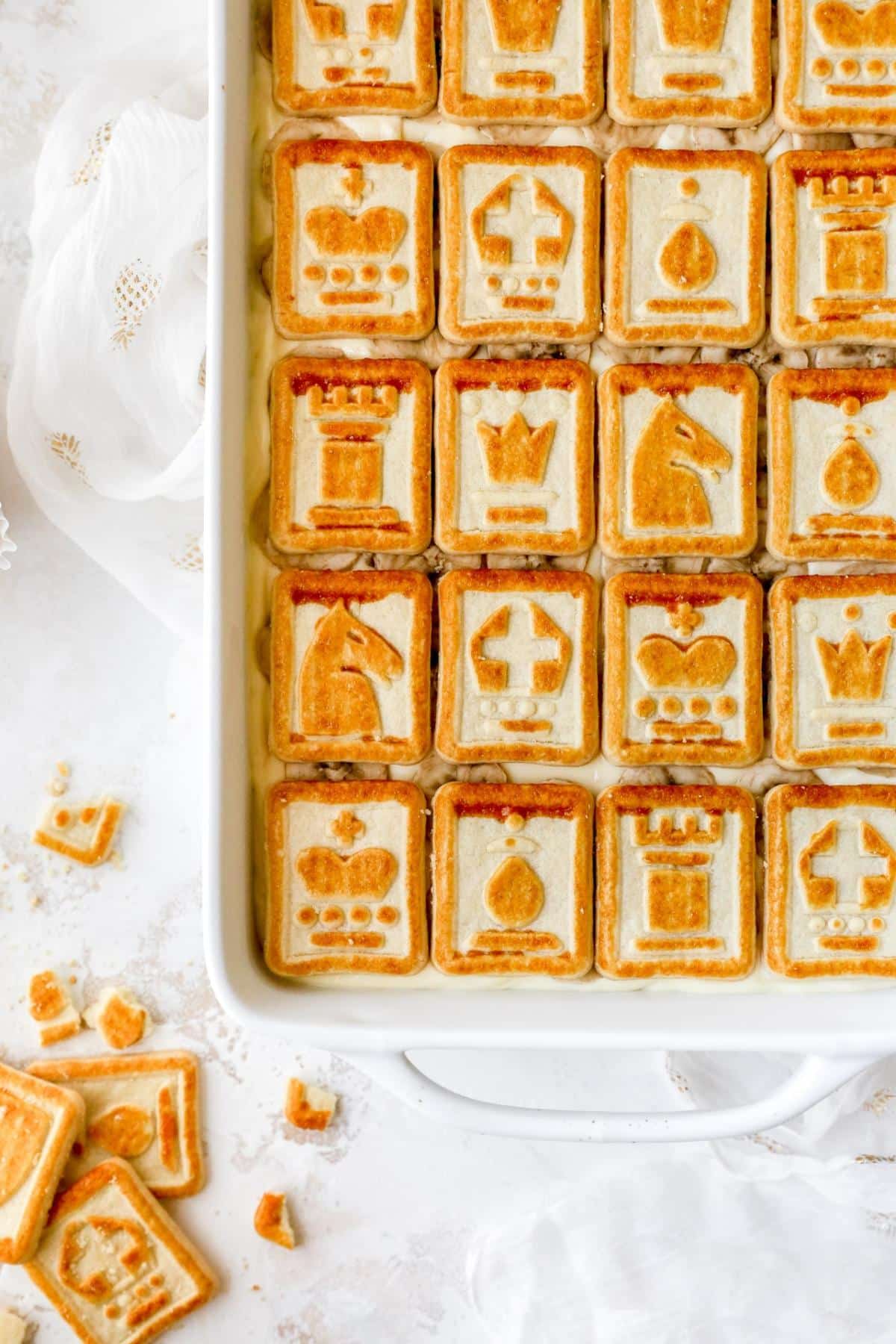 Banana pudding topped with Chessman cookies.