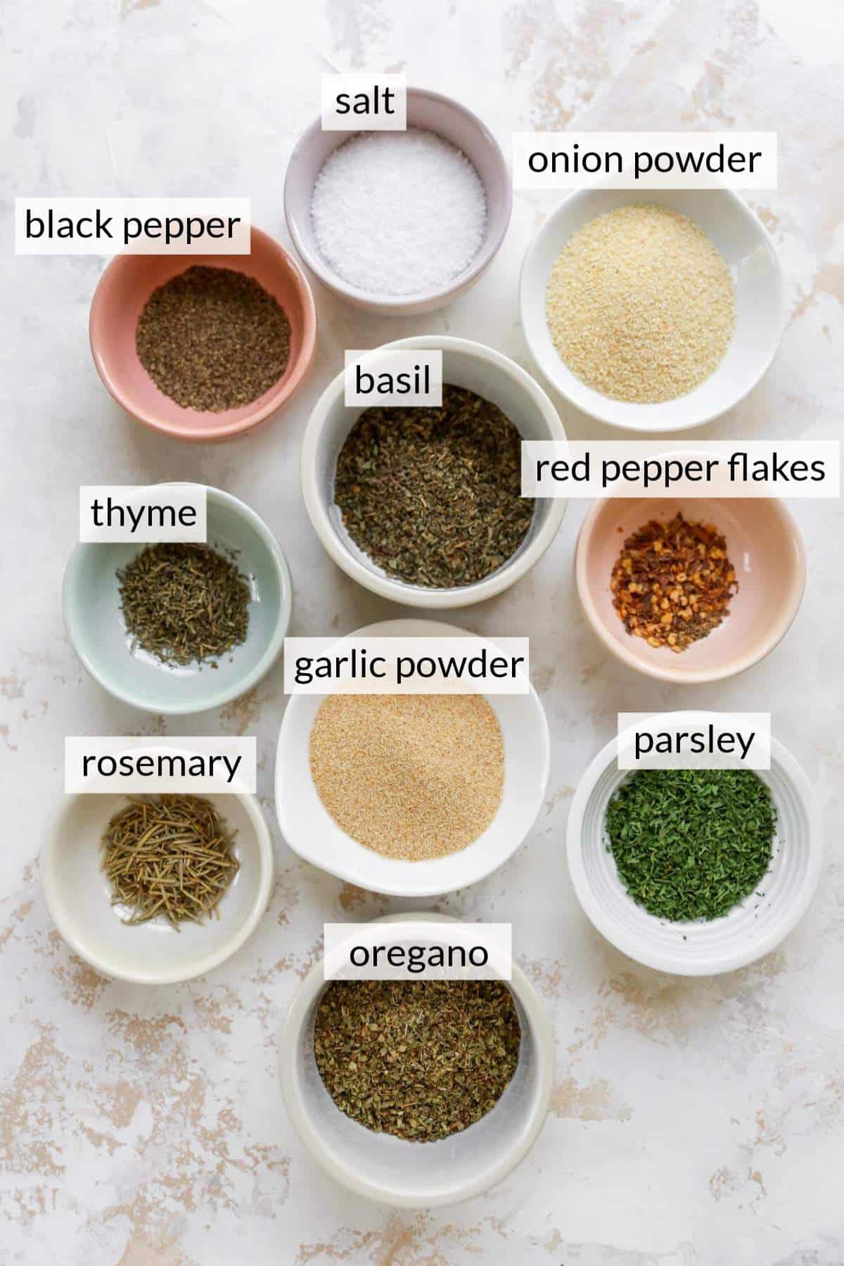 Various spices in small bowls.