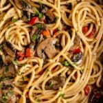 Mushroom cream sauce over spaghetti.