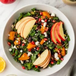 Butternut squash salad made with kale and topped with goat cheese and apple slices.