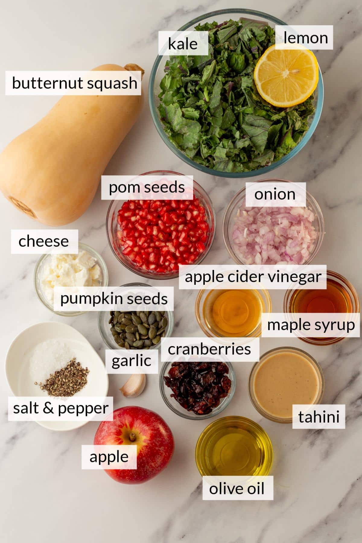 Bowl filled with kale near a butternut squash and small bowls with tahini, cheese, maple syrup and onions.