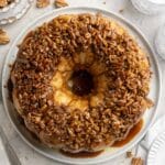 Top view of monkey bread topped with sticky pecans.