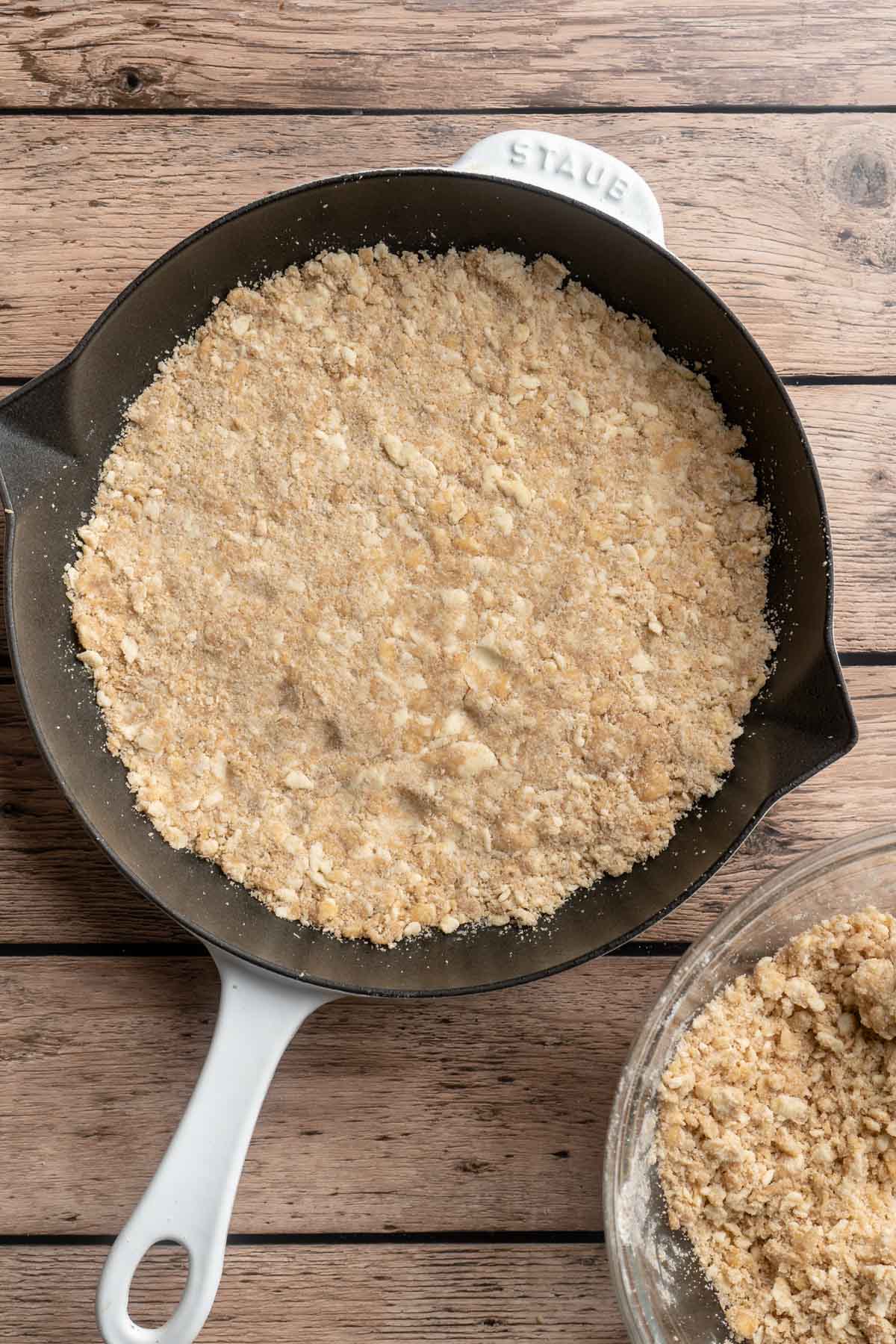 Add the crumble to a dish or pan.