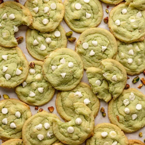 Pistachio cookies with white chocolate chips.