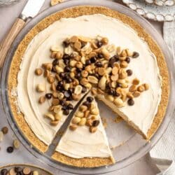 No bake peanut butter pie topped with peanuts, peanut butter chips and chocolate chips.