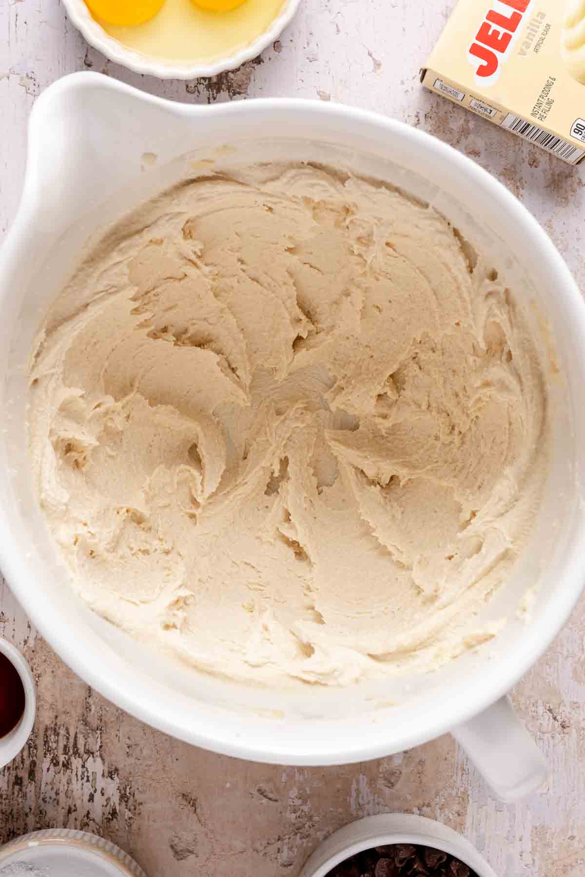 Creaming butter, crisco and sugar in a large bowl.