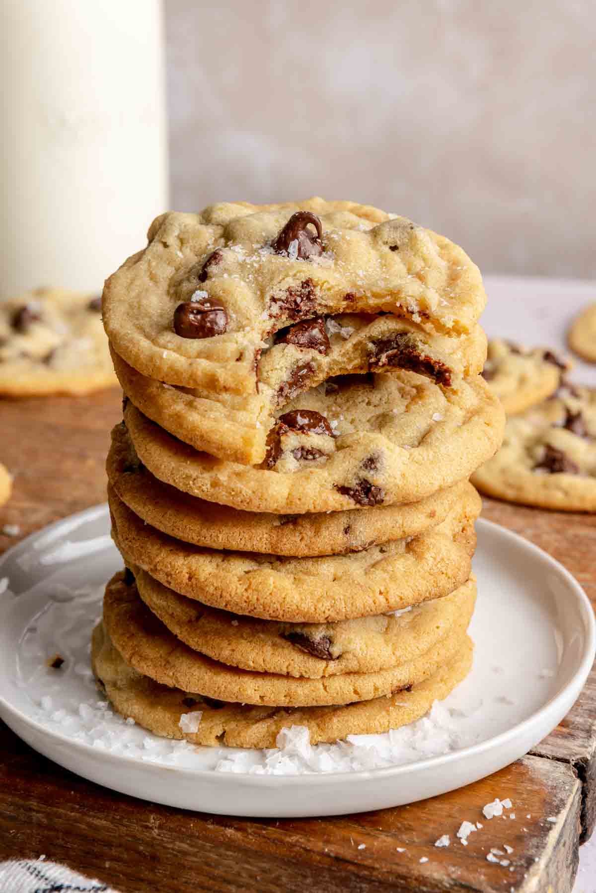 A stack of chocolate chip cookies made with crisco.