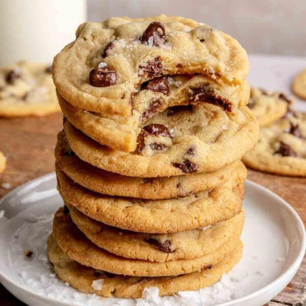 A stack of chocolate chip cookies made with crisco.